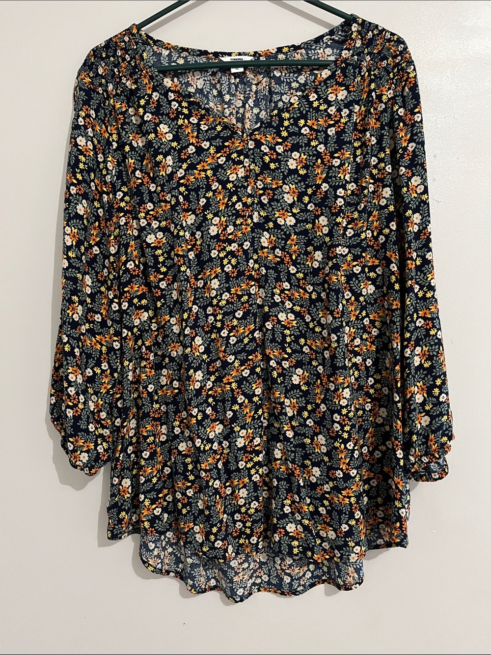 Women's Navy Floral Button-Front Blouse Navy/Orange Sonoma XL top banded sleeves